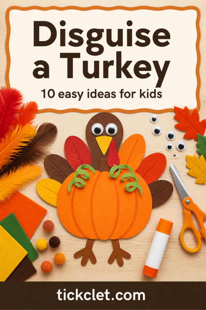 A paper turkey decorated as a pumpkin with craft feathers, felt, pom poms, googly eyes, scissors and a glue stick around it, with the text Disguise a Turkey and 10 easy ideas for kids